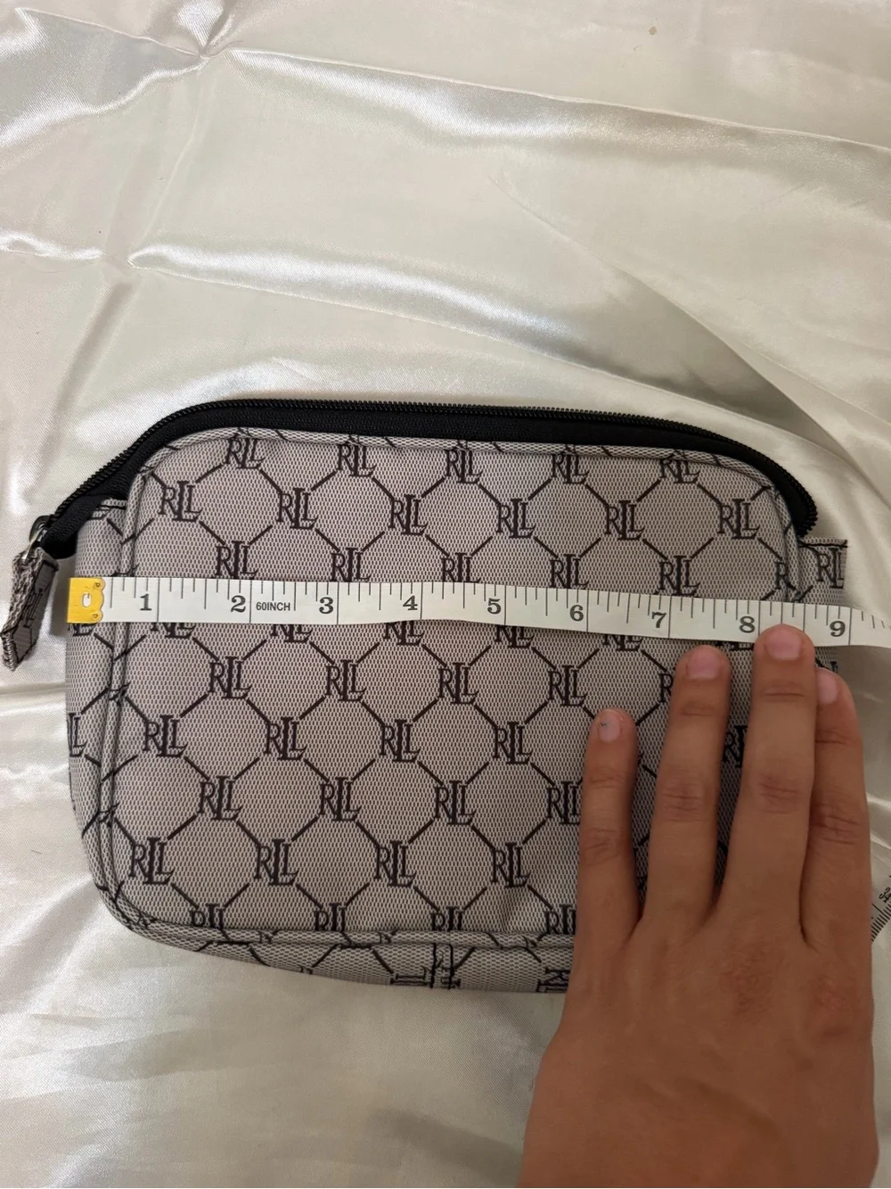 Lauren Ralph Lauren RL Monogram Cosmetic Makeup Bag Travel Pouch Gray Black